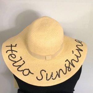 NWT “Hello Sunshine” tan raffia sun hat with black lettering